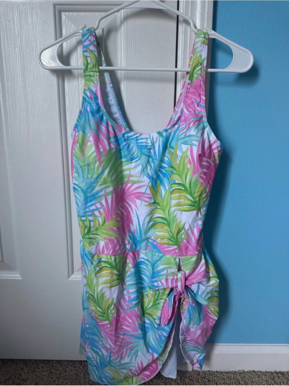 SHEIN Pastel Tropical Leaf One-Piece Swimsuit in Pink, Blue, Green